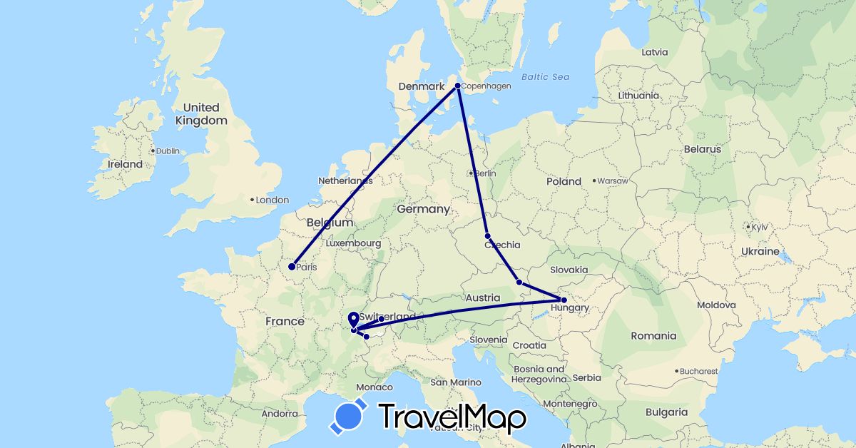 TravelMap itinerary: driving in Austria, Switzerland, Czech Republic, Denmark, France, Hungary (Europe)